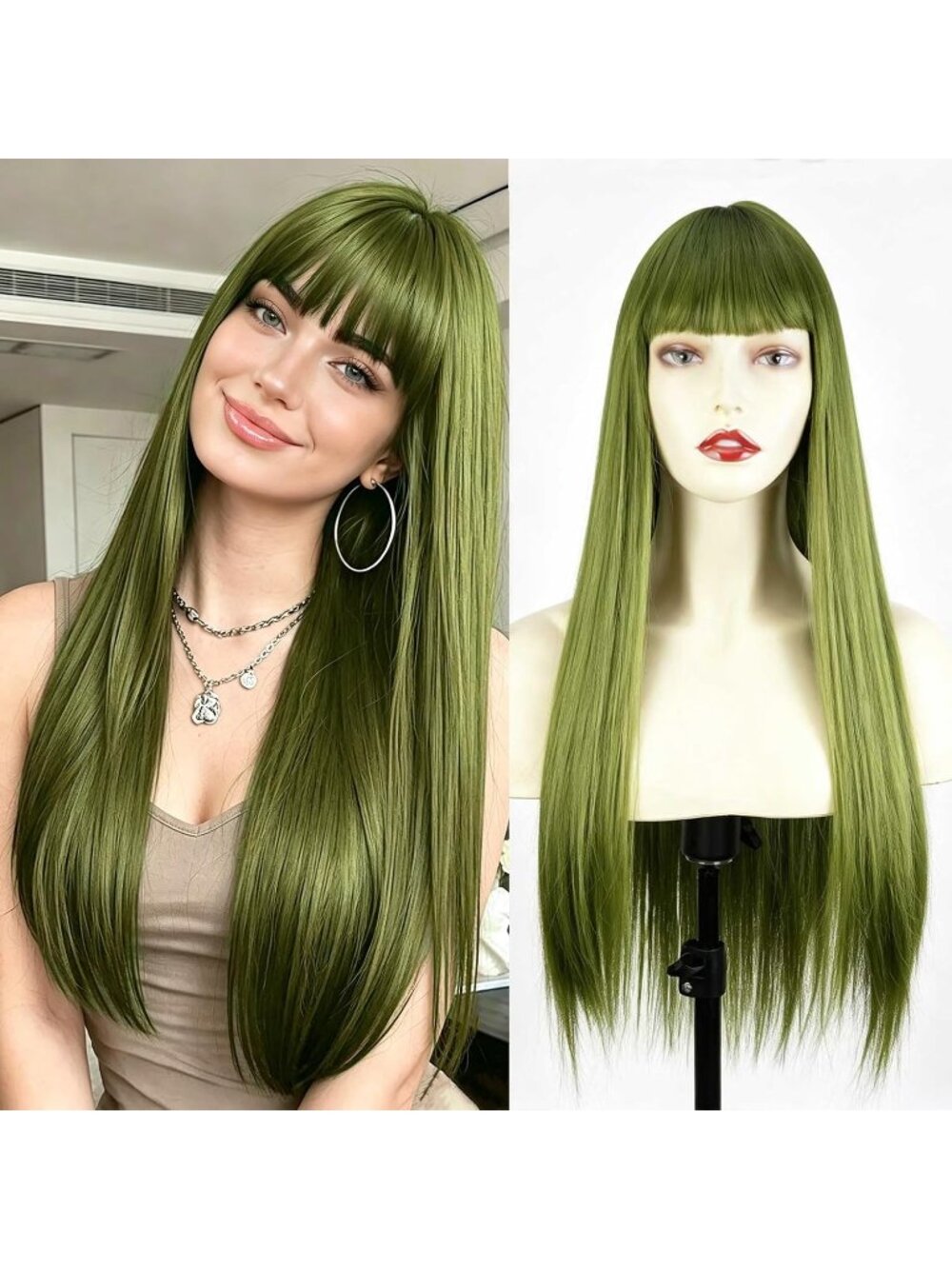 Women's Green trendy Long Straight Wig with Bangs for 26 Inch Natural Heat
